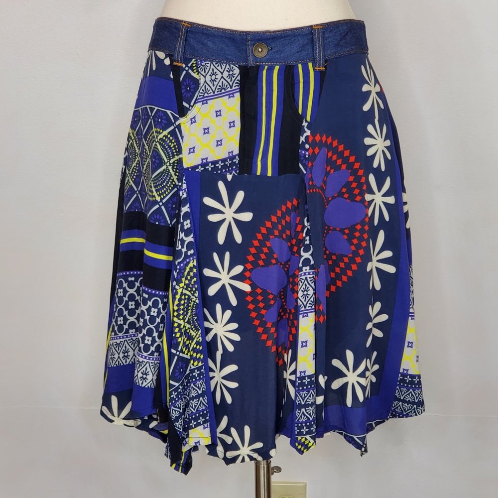 DESIGUAL Blue Patchwork Flare Skirt 40/6 EUC